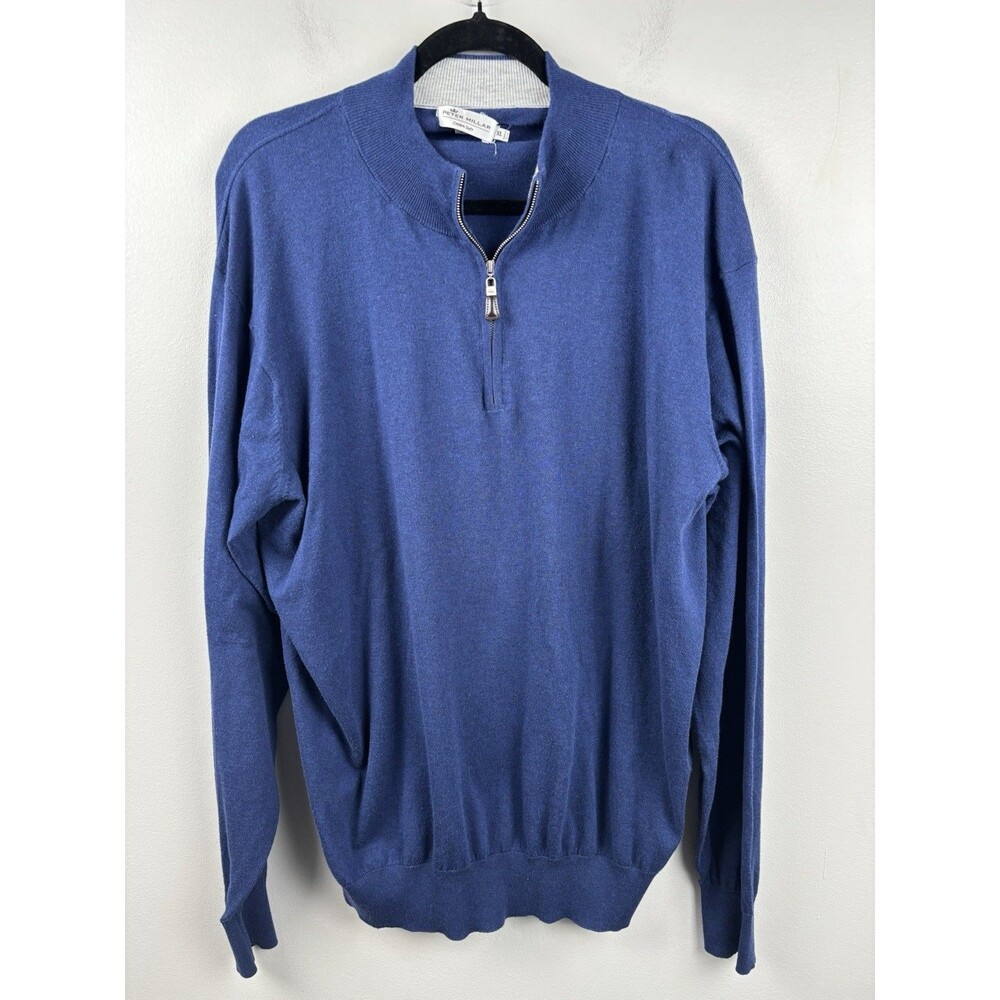 Peter Millar Crown Soft Cotton Silk Blue Quarter 1/4 Zip Sweater Mens XL Golf
